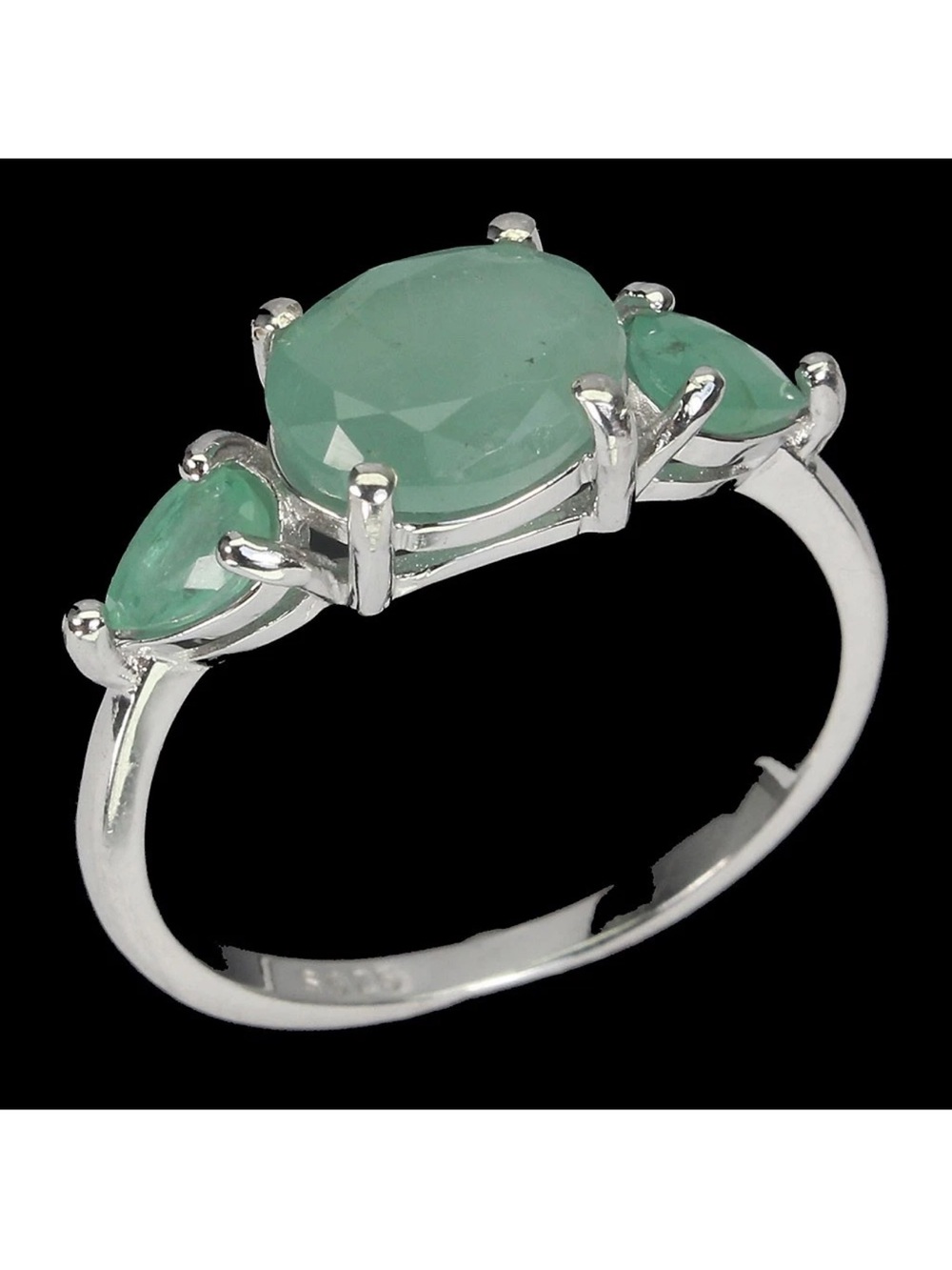 Stunning Natural 2.80CT Emerald oval & pear cut gems 925 Silver Ring size 8.5